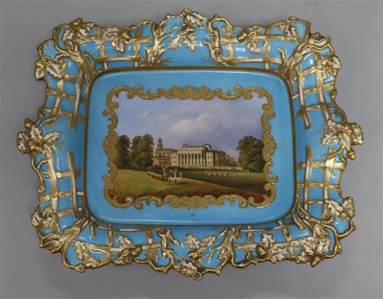 A Chamberlain & Co. Worcester shaped rectangular dish, painted with a scene of Witley Court, Worcestershire,